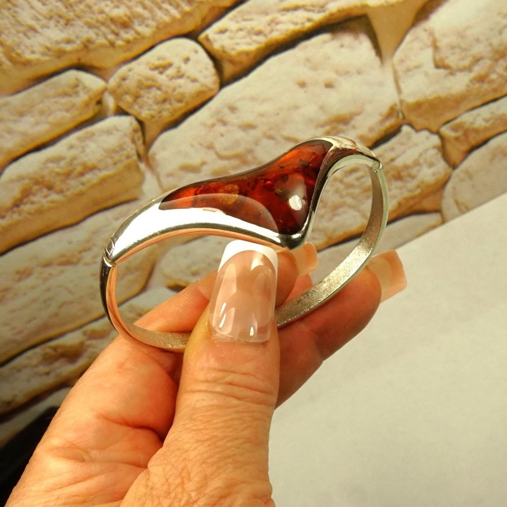 MODERNIST AMBER 925 SILVER BANGLE BRACELET HINGED RARE